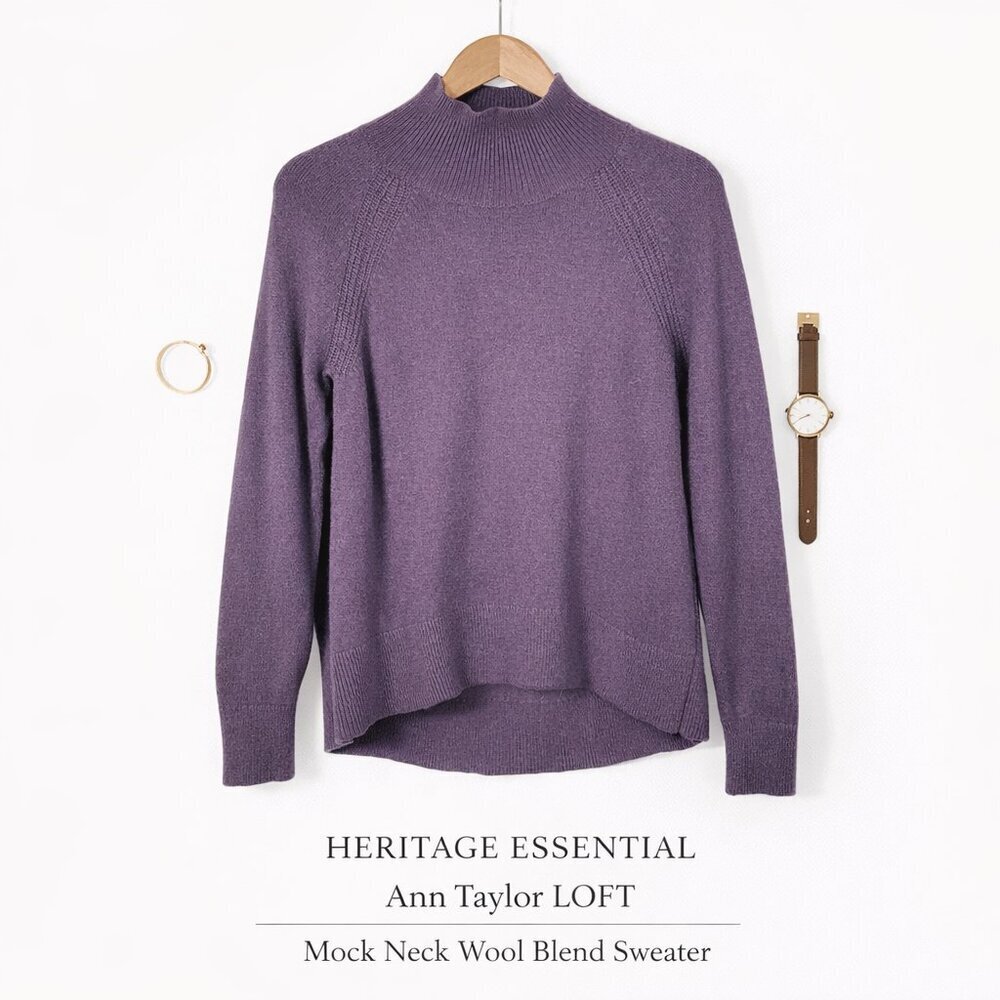 LOFT Mock Neck Wool Blend Sweater Purple Italian Yarn Cozy Knit Small